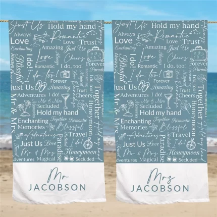 Light Blue Honeymoon Mr or Mrs Word Art Couples Beach Towel