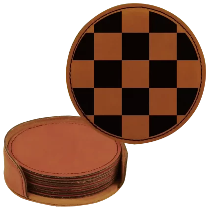 Personalized Checkered Round Leatherette Coasters Set of 6 - Rawhide