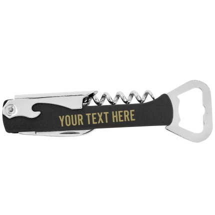 Personalized Leatherette Bottle Opener & Wine Corkscrew - Black Gold