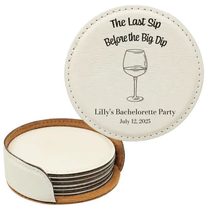 Personalized Last Sip Bachelorette Round Leatherette Coasters Set of 6 - White