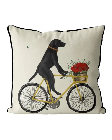 Black Labrador on Bicycle Cushion / Throw Pillow
