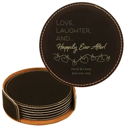 Personalized Happily Ever After Round Leatherette Coasters Set of 6 - Black Gold