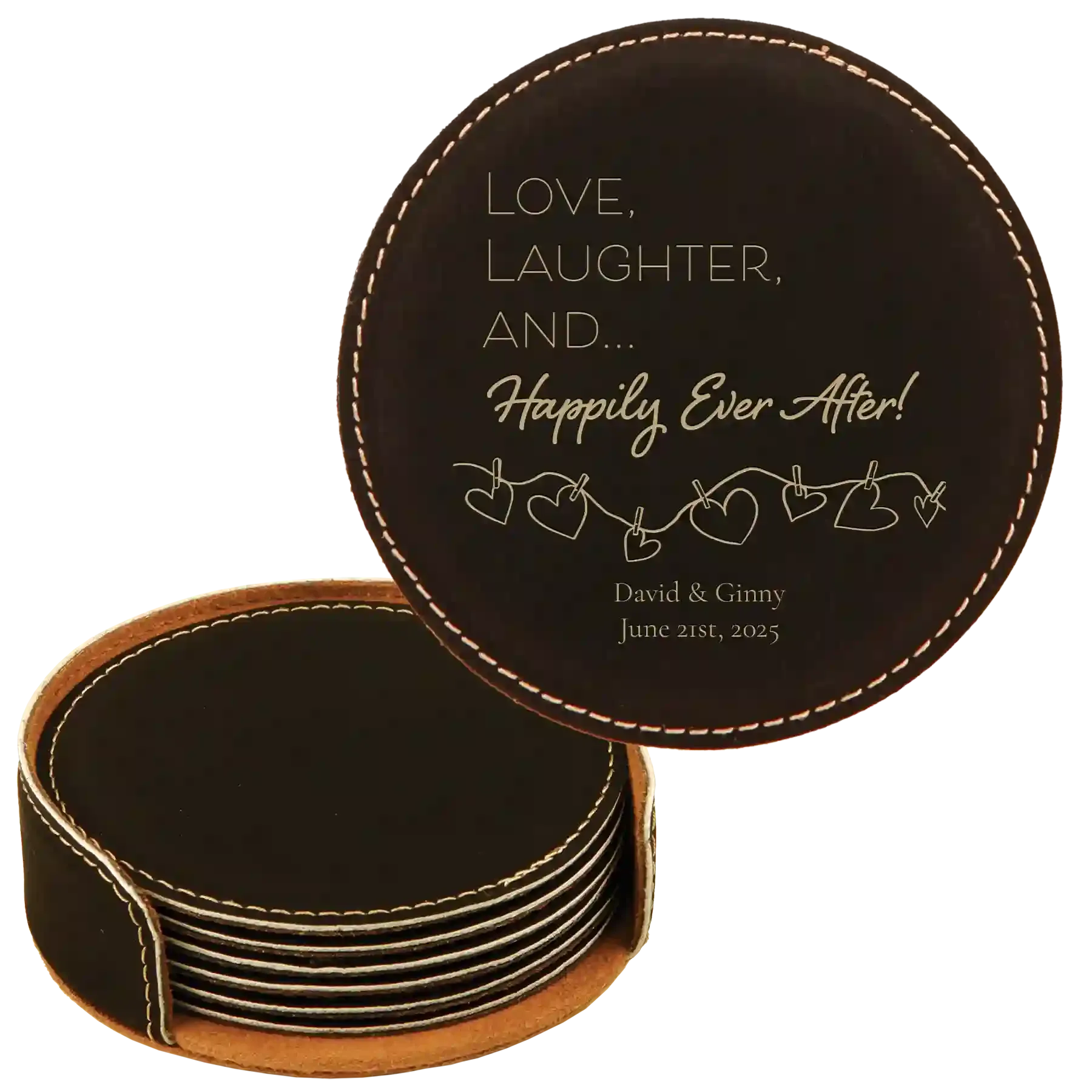 8kPersonalized-Happily-Ever-After-Round-Leatherette-Coasters-Set-of-6-Black-Gold