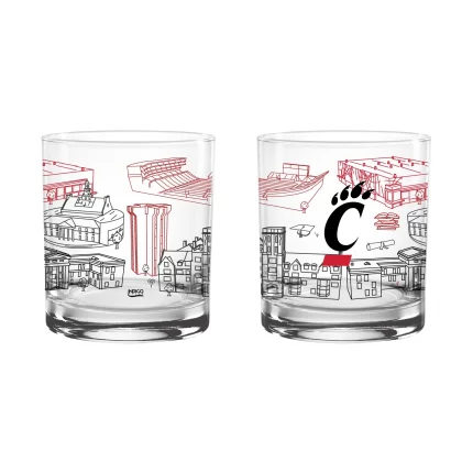Set of 2 Cincinnati Bearcats Campus Line Art 14oz Rocks Glasses