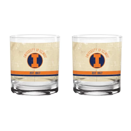 Illinois Fighting Illini Set of 2 College Vault Tan Retro 14oz Rocks Glasses