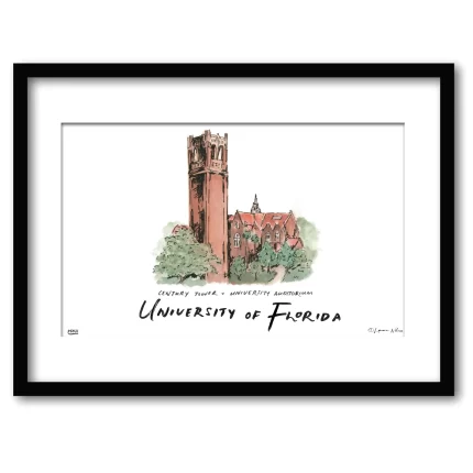 Florida Century Tower & University Auditorium, Framed Watercolor Wall Art 16" x 20" by Laura Wilcox