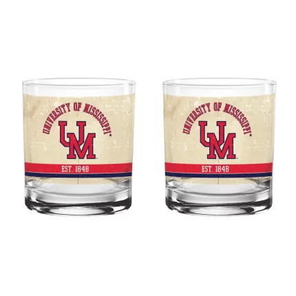Ole Miss Rebels Set of 2 College Vault Tan Retro 14oz Rocks Glasses
