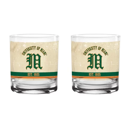 Miami Hurricanes Set of 2 College Vault Tan Retro 14oz Rocks Glasses