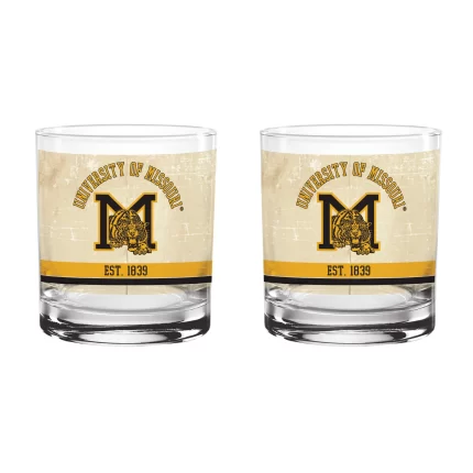 Missouri Tigers Set of 2 College Vault Tan Retro 14oz Rocks Glasses