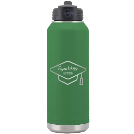 Personalized 2 lines Grad Name and Class 32 oz Water Bottle - Green