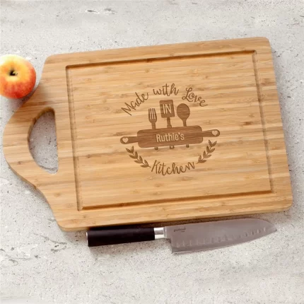 Engraved "Made With Love" Bamboo Cutting Board - Rolling Pin & Utensils Design