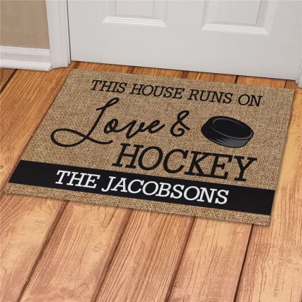 Love and Hockey Personalized Doormat - Custom Sports Entry Mat