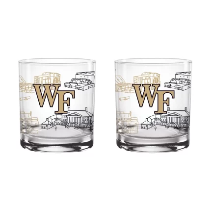 Set of 2 Wake Forest Demon Deacons Campus Line Art 14oz Rocks Glasses