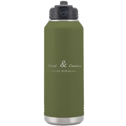 Personalized 2 Lines Name Anniversary 32 oz Water Bottle - Olive Green