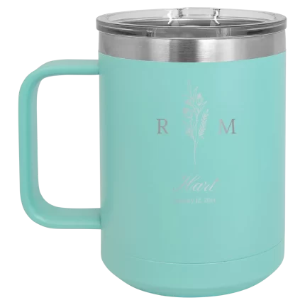 Personalized 3 Lines Initial Last Name Anniversary 15 oz Mug - Teal