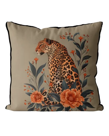 Leopard Orange Flowers 2 Cushion, Throw Pillow in Green or Taupe