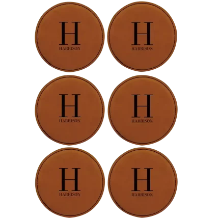 Personalized Last Name Initial Round Leatherette Coasters Set of 6 - Rawhide