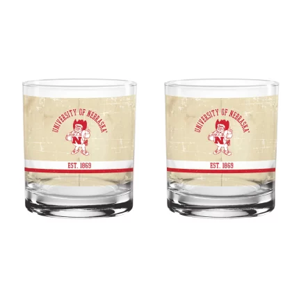Nebraska Cornhuskers Set of 2 College Vault Tan Retro 14oz Rocks Glasses