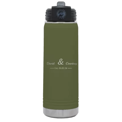 Personalized 2 Lines Name Anniversary 20 oz Water Bottle - Olive Green