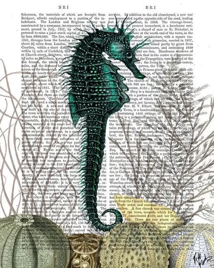 SeaHorse and Sea Urchins, Book Print, Art Print, Wall Art