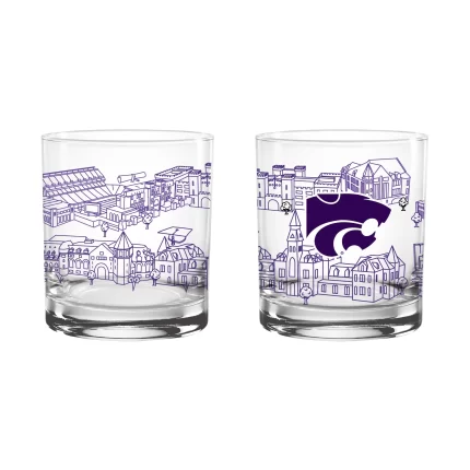 Set of 2 Kansas State Wildcats Campus Line Art 14oz Rocks Glasses