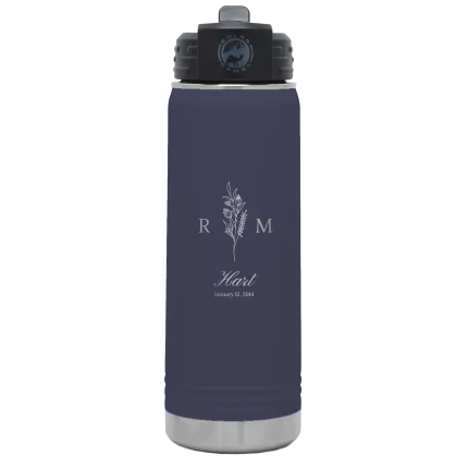 Personalized 3 Lines Initial Last Name Anniversary 20 oz Water Bottle - Navy