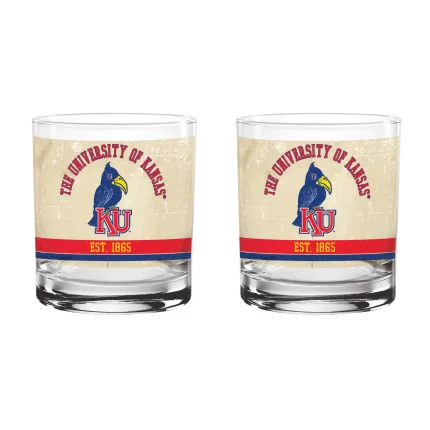 Kansas Jayhawks Set of 2 College Vault Tan Retro 14oz Rocks Glasses