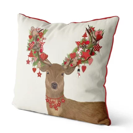 Deer, Homespun Wreath, Cushion / Throw Pillow
