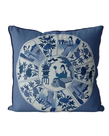 Lady with Mirror on Blue, Chinoiserie Cushion / Throw Pillow