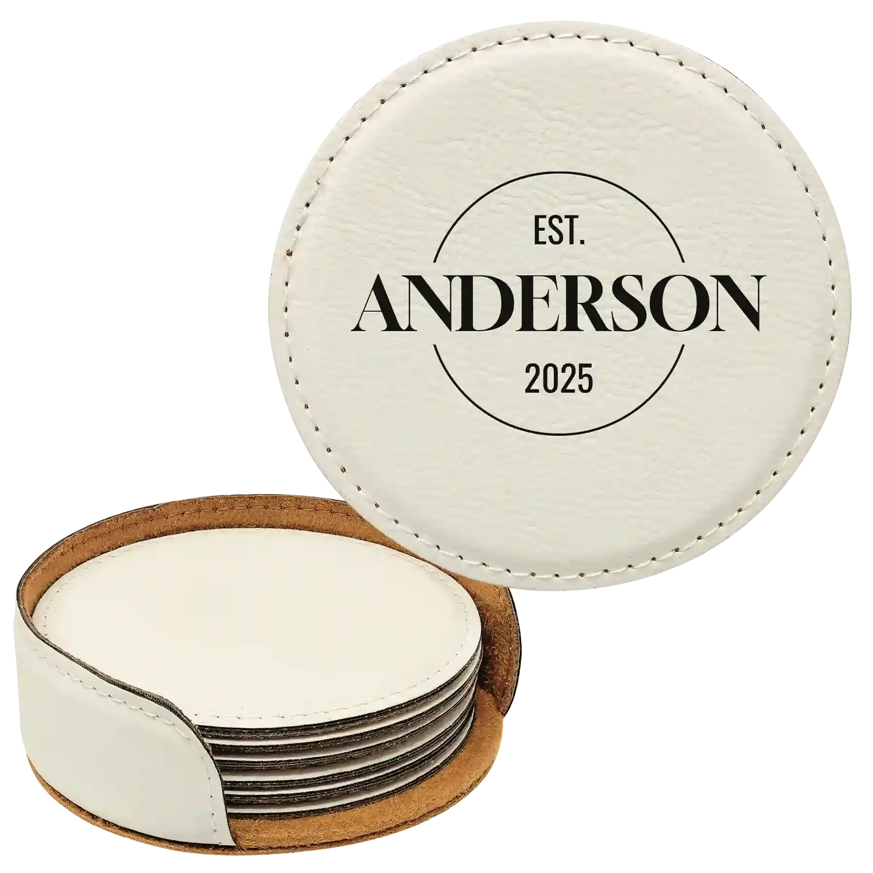9zPersonalized-Last-Name-EST-Round-Leatherette-Coasters-Set-of-6-White