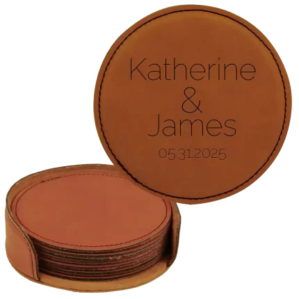 Personalized Minimal Wedding 2 Round Leatherette Coasters Set of 6 - Rawhide