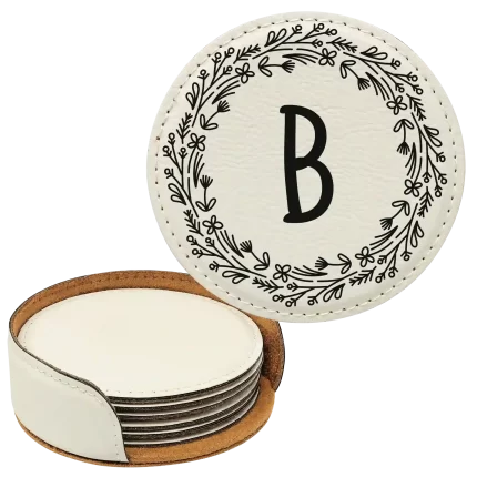 Personalized Floral Circle Round Leatherette Coasters Set of 6 - White