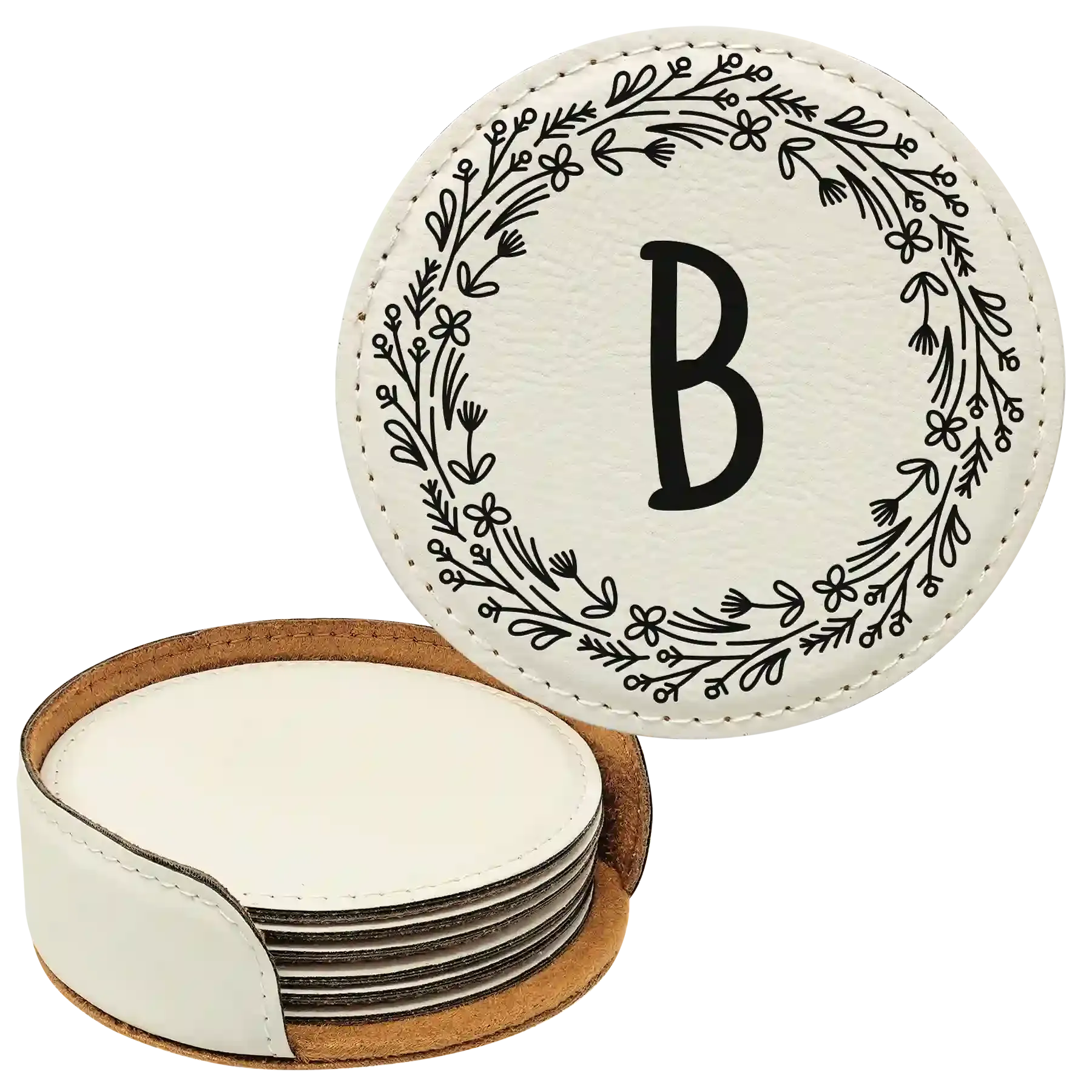 1cPersonalized-Floral-Circle-Round-Leatherette-Coasters-Set-of-6-White