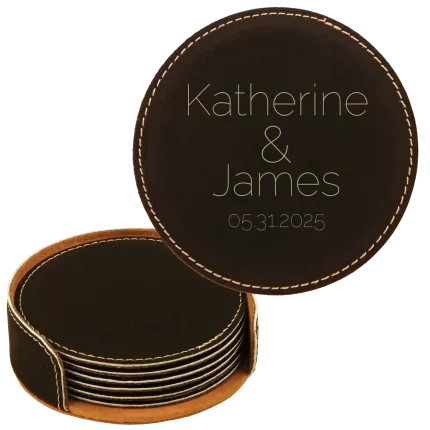 Personalized Minimal Wedding 2 Round Leatherette Coasters Set of 6 - Black Gold