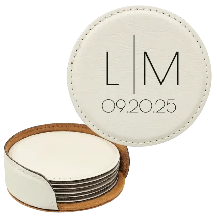 Personalized Minimal Wedding Round Leatherette Coasters Set of 6 - White