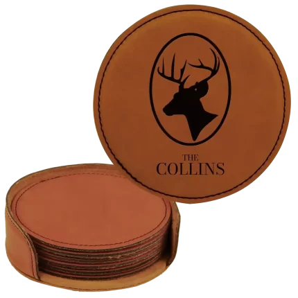 Personalized Deer Family Name Round Leatherette Coasters Set of 6 - Rawhide
