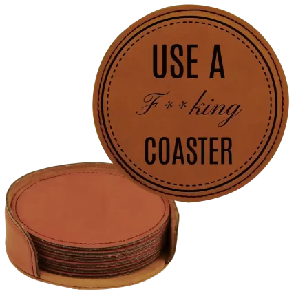 Personalized Fing Coaster Round Leatherette Coasters Set of 6 - Rawhide