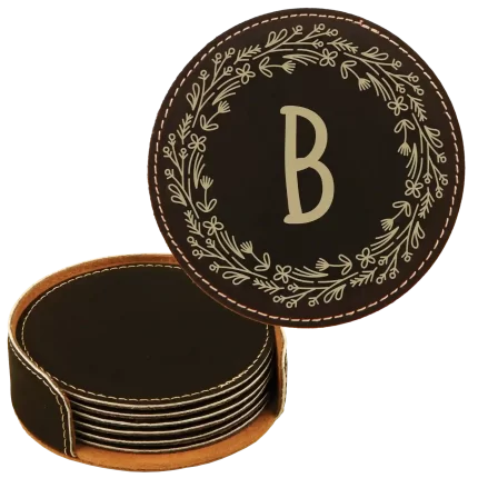 Personalized Floral Circle Round Leatherette Coasters Set of 6 - Black Gold