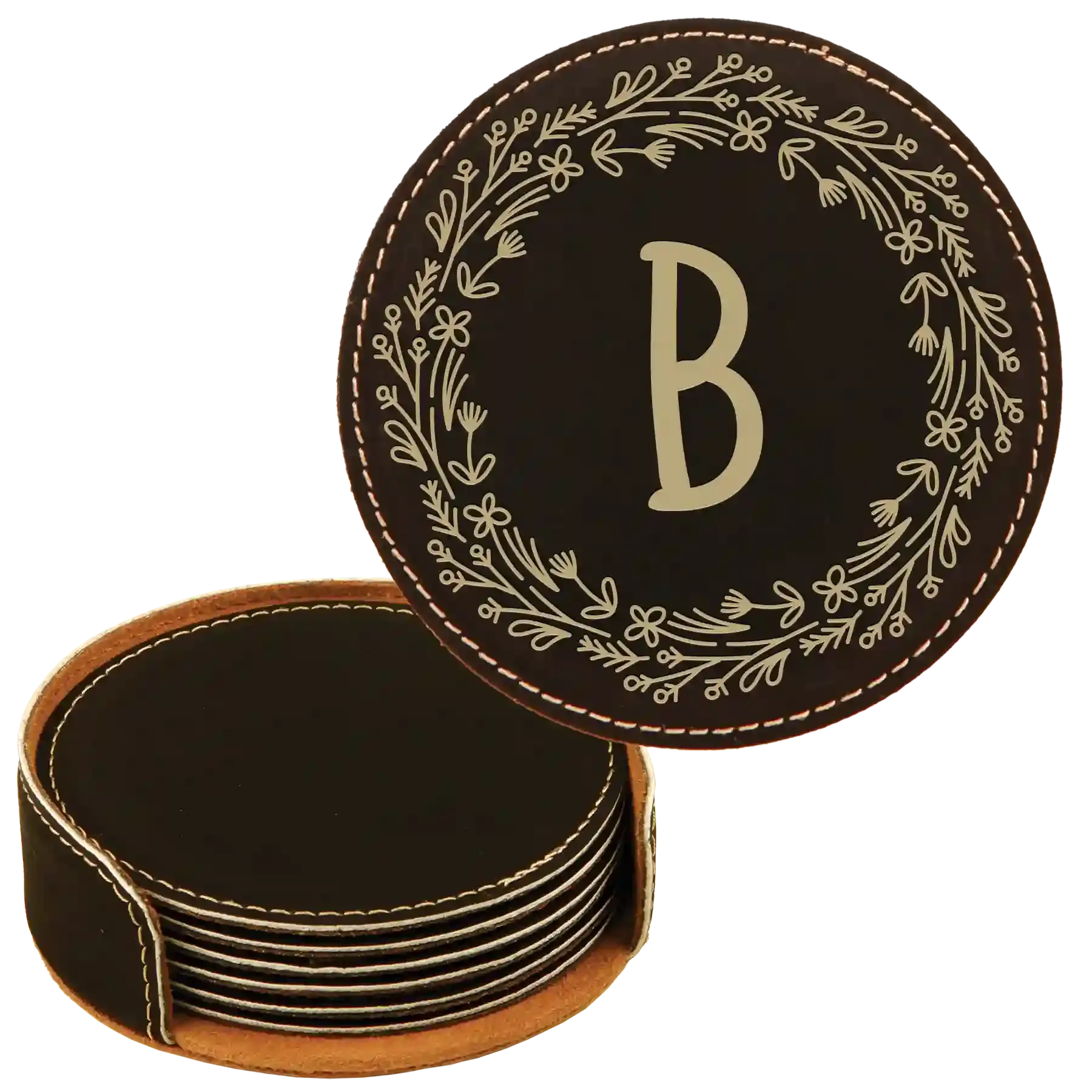 2rPersonalized-Floral-Circle-Round-Leatherette-Coasters-Set-of-6-Black-Gold