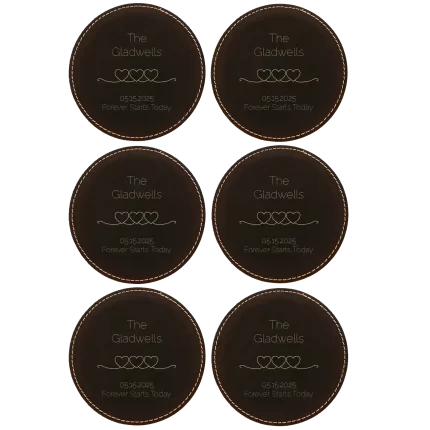 Personalized Forever Starts Round Leatherette Coasters Set of 6 - Black Gold