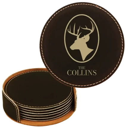Personalized Deer Family Name Round Leatherette Coasters Set of 6 - Black Gold