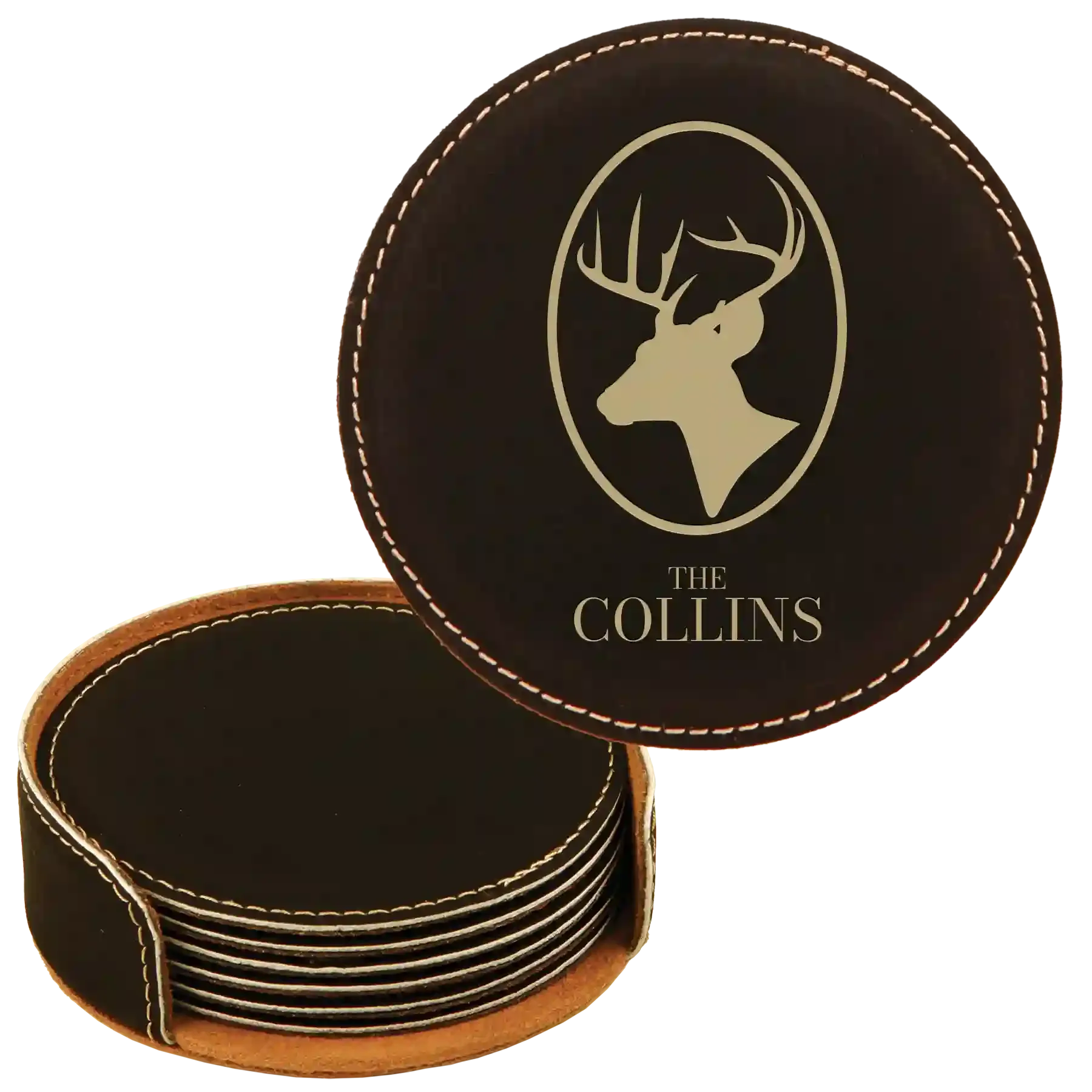 3jPersonalized-Deer-Family-Name-Round-Leatherette-Coasters-Set-of-6-Black-Gold