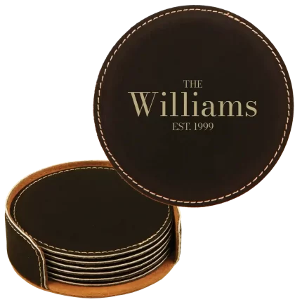 Personalized Family EST Round Leatherette Coasters Set of 6 - Black Gold
