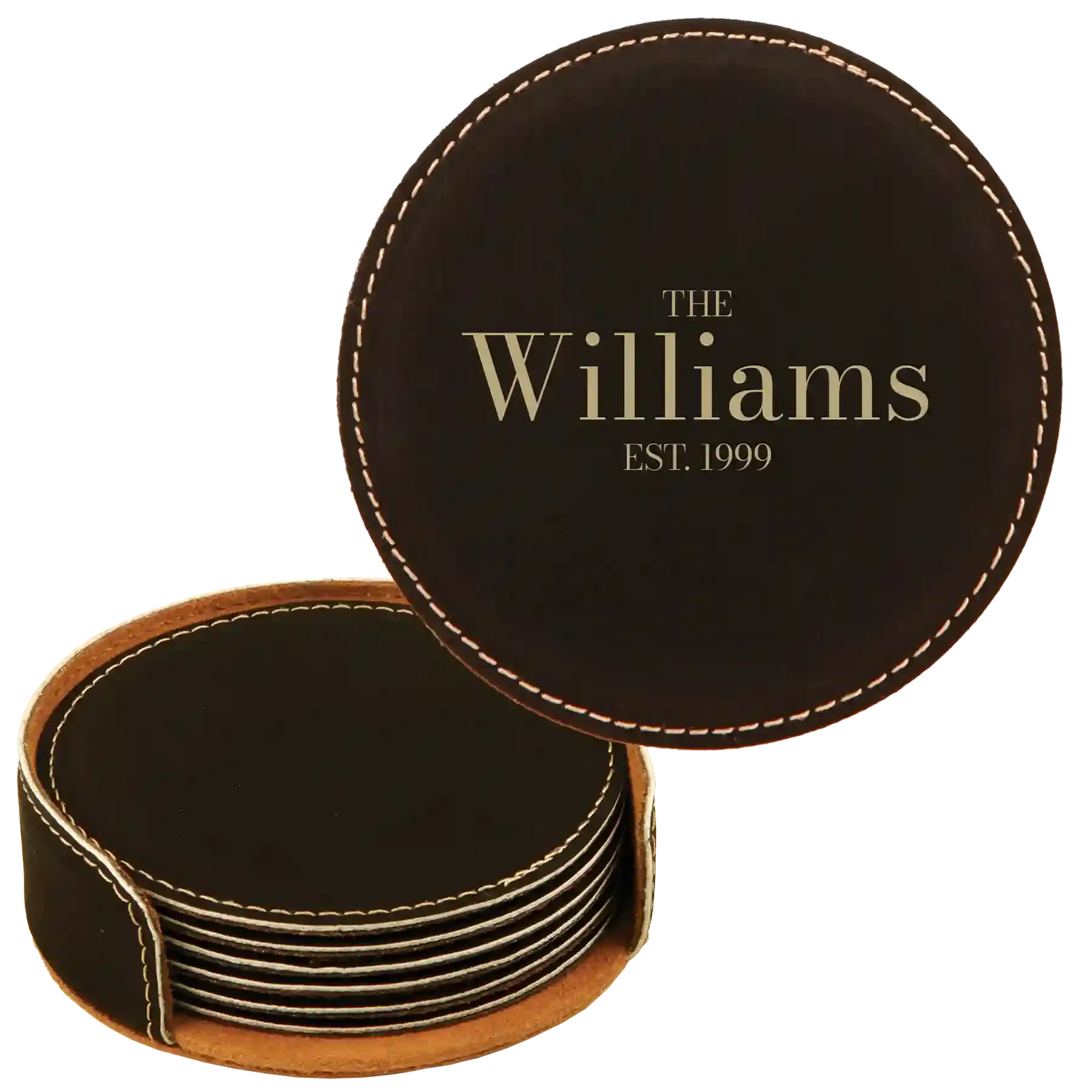 4wPersonalized-Family-EST-Round-Leatherette-Coasters-Set-of-6-Black-Gold