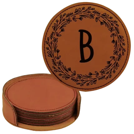 Personalized Floral Circle Round Leatherette Coasters Set of 6 - Rawhide