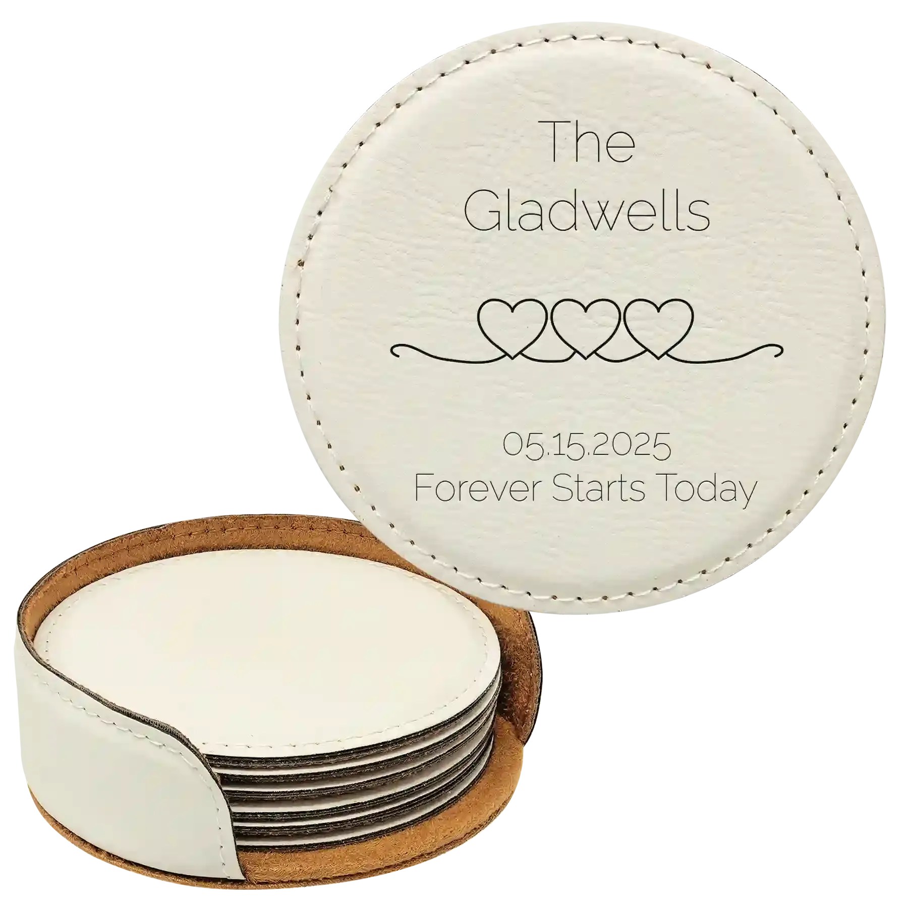 6iPersonalized-Forever-Starts-Round-Leatherette-Coasters-Set-of-6-White