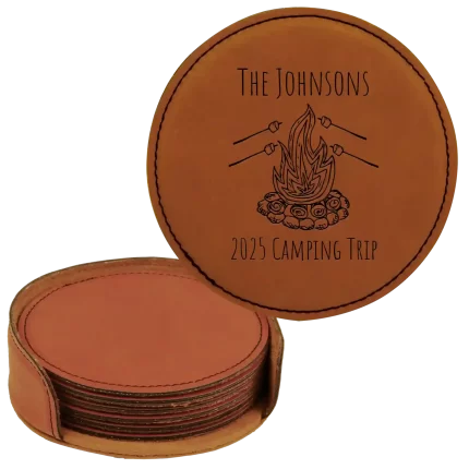 Personalized Camping Trip Round Leatherette Coasters Set of 6 - Rawhide