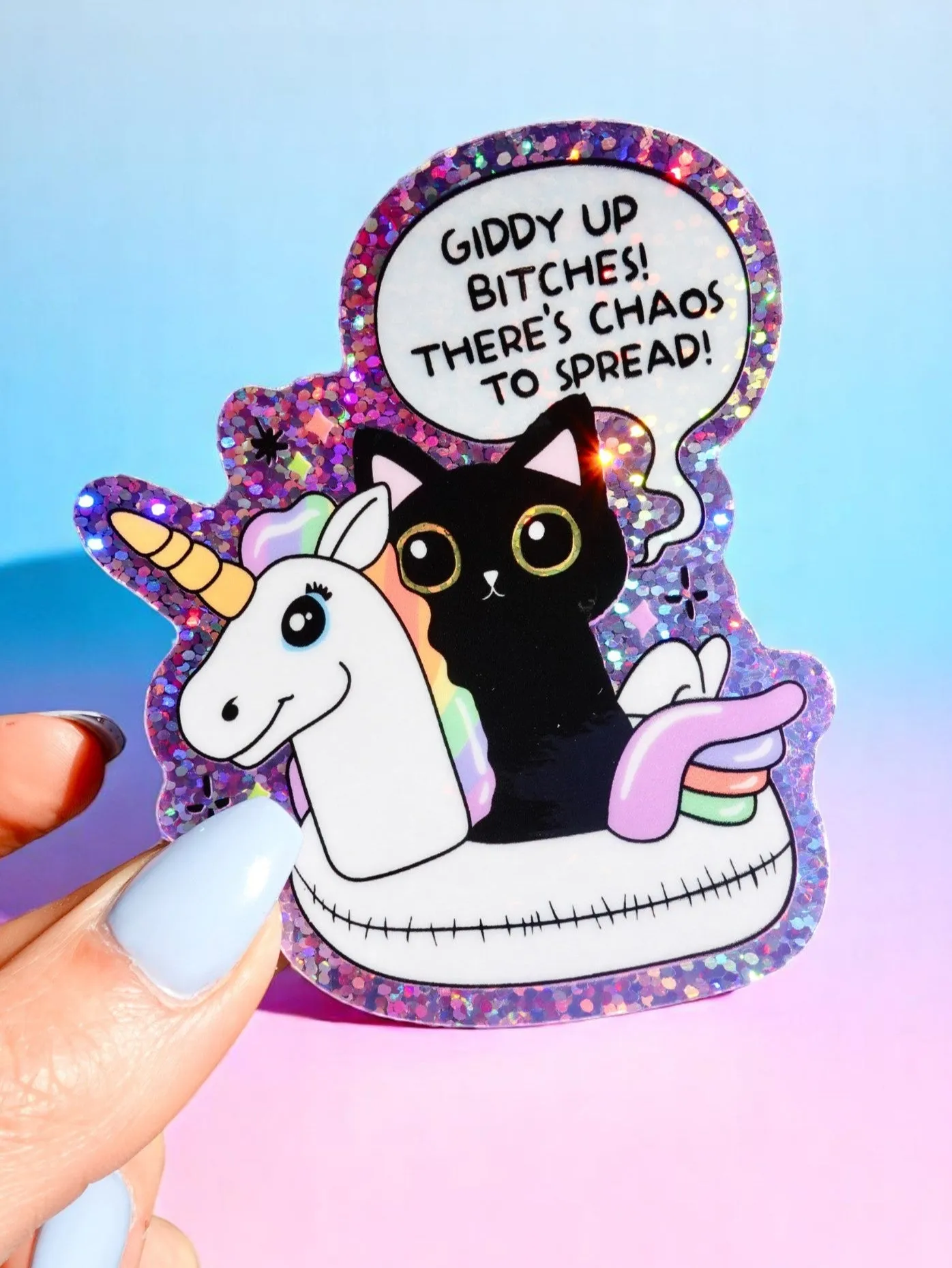 7aFunny-Vinyl-Sticker-Giddy-Up-Bitches-Holographic-Cat-and-Unicorn-Waterproof-Decal