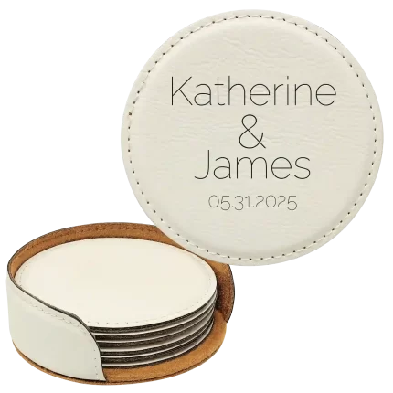 Personalized Minimal Wedding 2 Round Leatherette Coasters Set of 6 - White