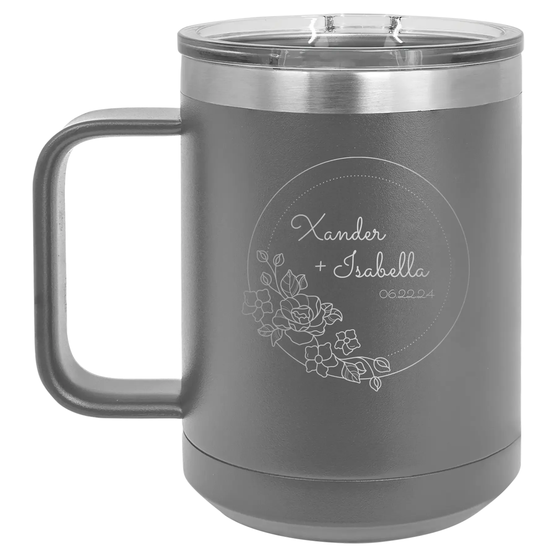 8gPersonalized-Floral-Circle-with-Text-Wedding-or-Anniversary-15-oz-Mug-Dark-Gray